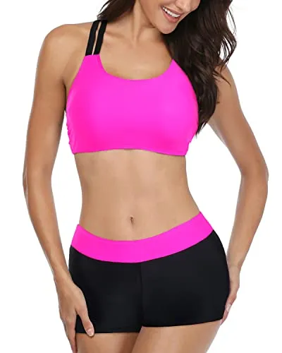 Modest Tummy Control Tankini Bathing Suit 3 Piece Set For Women-Neon Pink