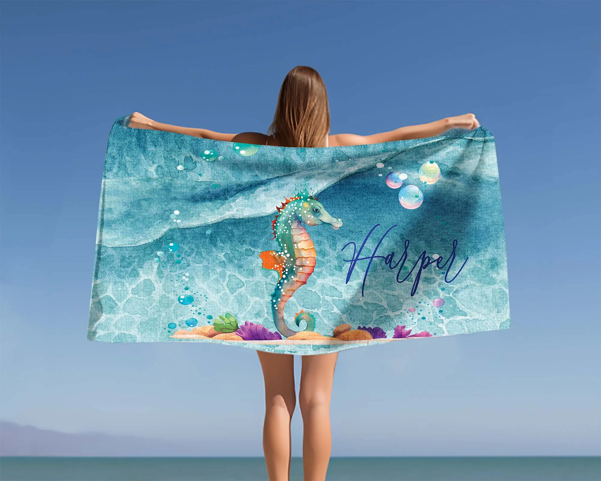 Personalised Beach Towel, Seahorse, Polycotton Towel