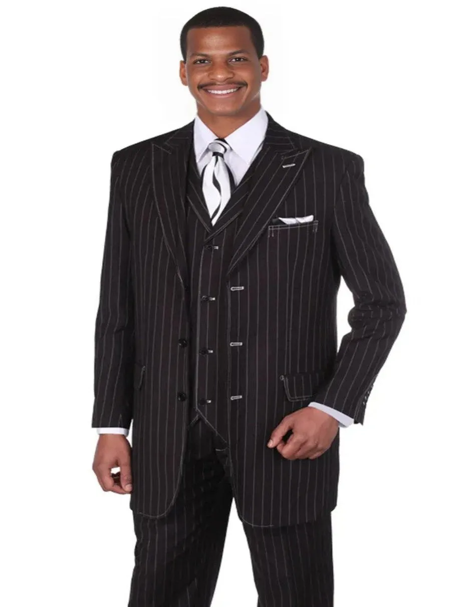 Pleated Dress Men Suits - Mens Vintage Vested Gangster Bold Pinstripe Fashion Black and White Suit