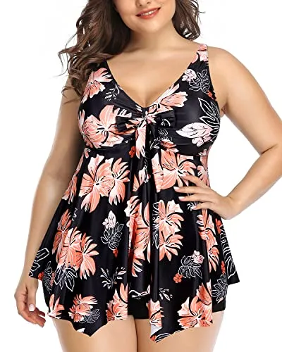 Plus Size Bowknot Tankini Top With Adjustable Straps Bathing Suits-Black Orange Floral