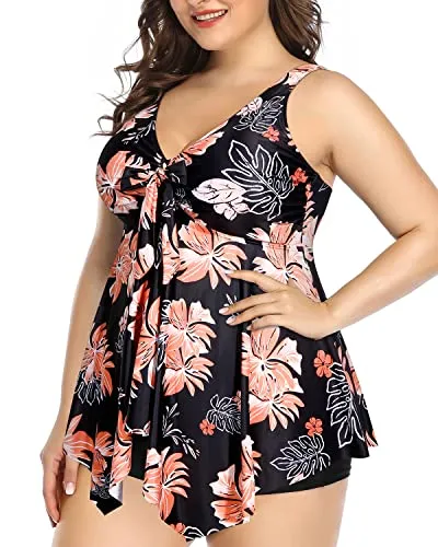 Plus Size Bowknot Tankini Top With Adjustable Straps Bathing Suits-Black Orange Floral