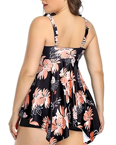 Plus Size Bowknot Tankini Top With Adjustable Straps Bathing Suits-Black Orange Floral