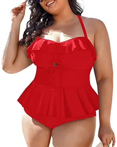 Plus Size Tankini Set Two Piece Swimsuits For Women-Red