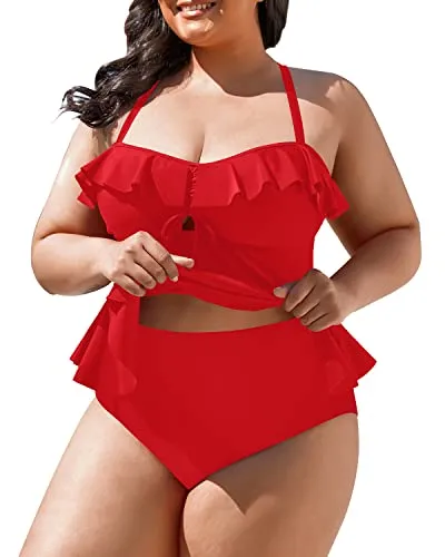 Plus Size Tankini Set Two Piece Swimsuits For Women-Red