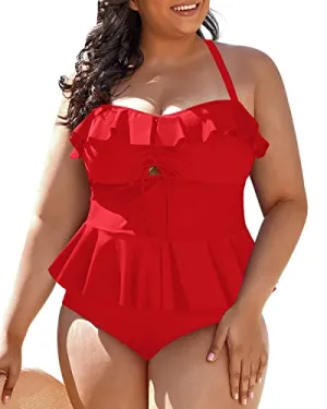 Plus Size Tankini Set Two Piece Swimsuits For Women-Red