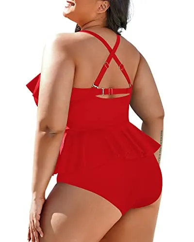 Plus Size Tankini Set Two Piece Swimsuits For Women-Red