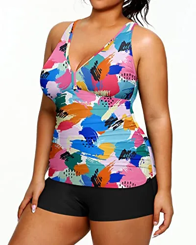 Plus Size Tankini Shorts Tummy Control Bathing Suit-Color Block