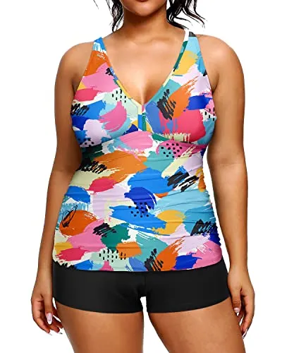 Plus Size Tankini Shorts Tummy Control Bathing Suit-Color Block