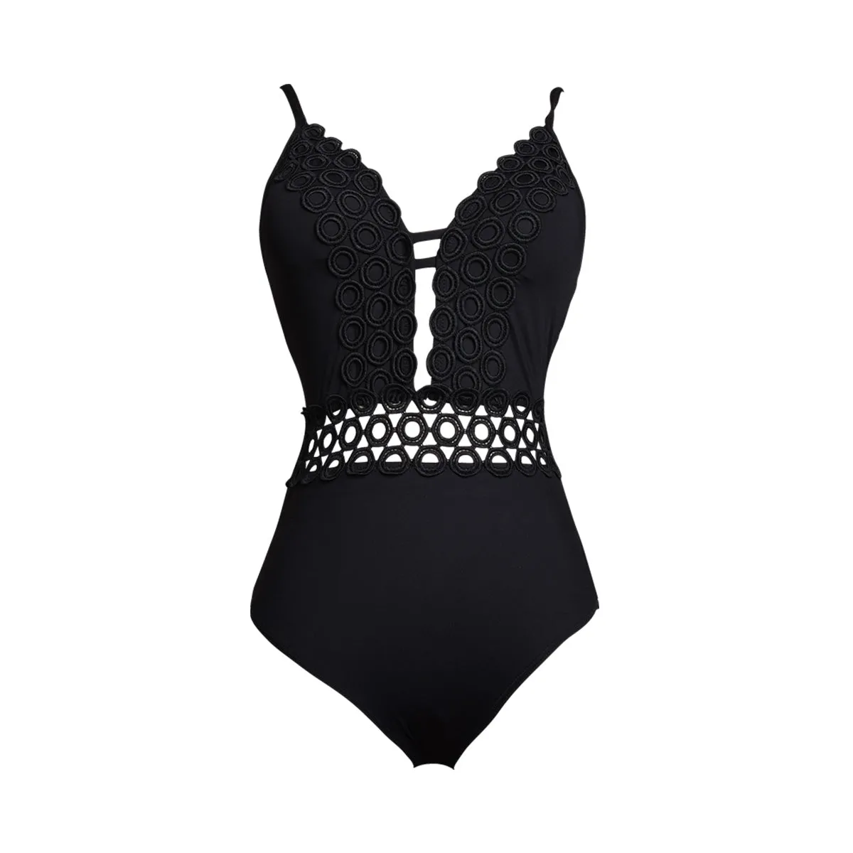 Sexy Black One Piece Textured Swimsuit with Plunging Scallop and Waist Cutouts