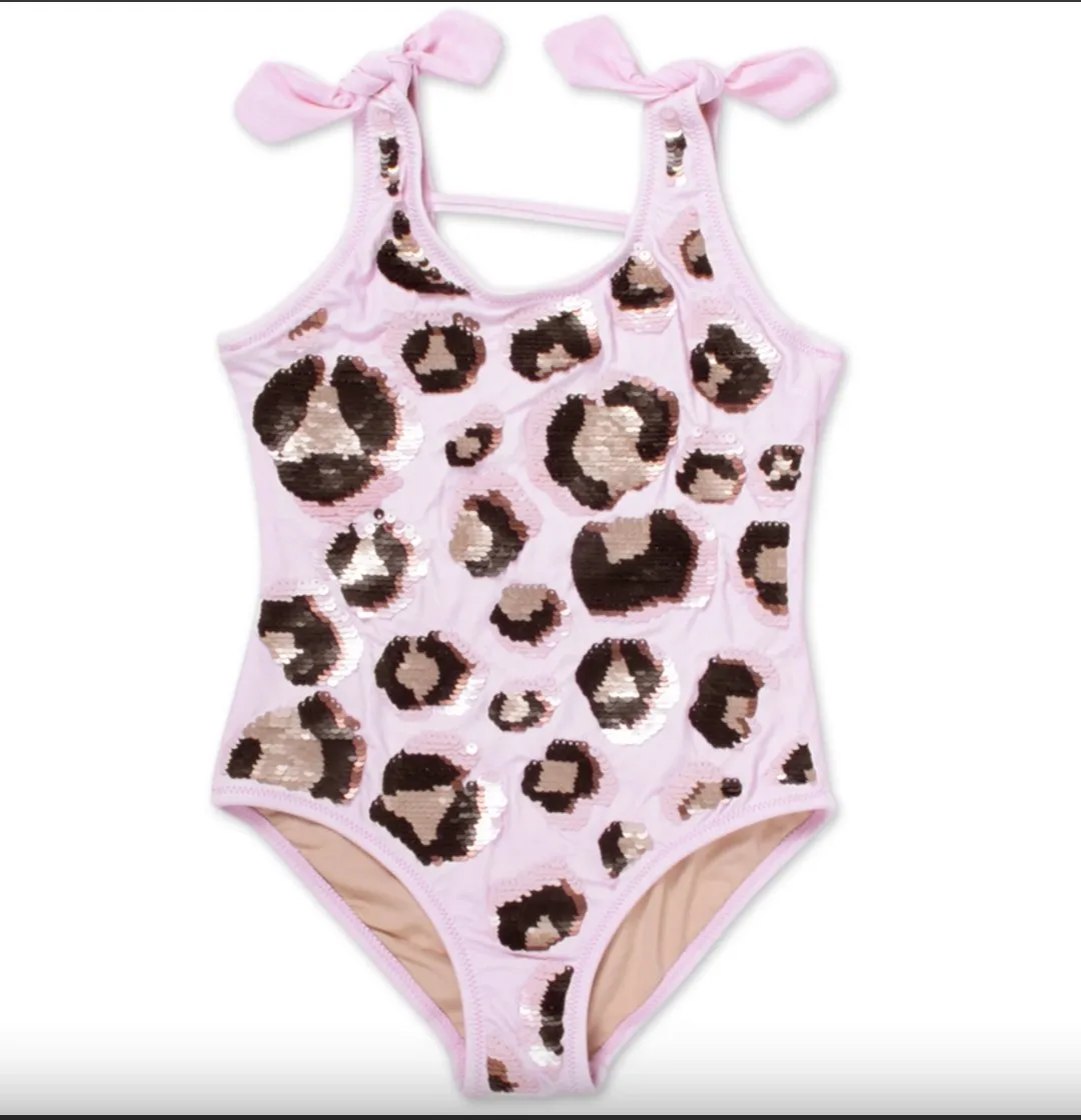 Shade Critters Girls One Piece Pink Leopard Magic Sequin Swimsuit