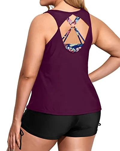 Sporty Plus Size Tankini Swimsuits With Great Tummy Control-Maroon Leaf