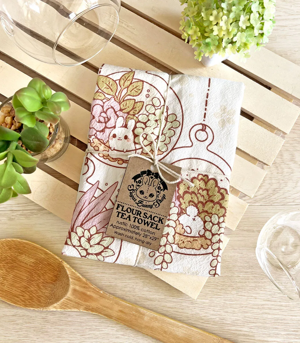 Terrarium Bunnies Flour Sack Tea Towel