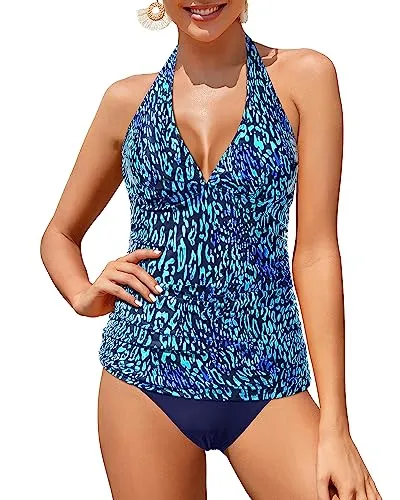 Two Piece Halter Tankini V Neck Swimsuits