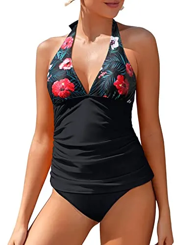 Two Piece Tankini for Women Tummy Control Sexy V Neck Halter Swimsuits