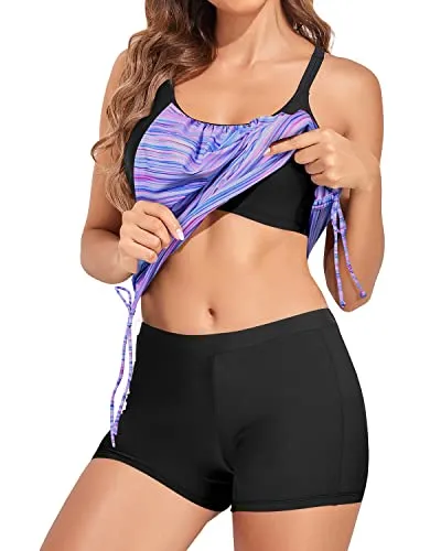 Unique Tankini Swimsuit For Women With Sporty Boy Shorts-Blue Purple Stripes