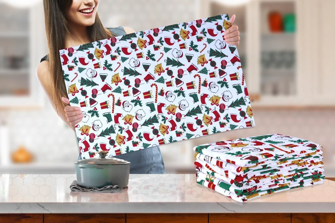 Urban Villa Christmas Kitchen Towels Christmas Print Set of 6 Dish Towels for Kitchen 100% Cotton Kitchen Towels Mitered Corners Over Sized 20X30 Inches Kitchen Towels Highly Absorbent Hand Tea Towels