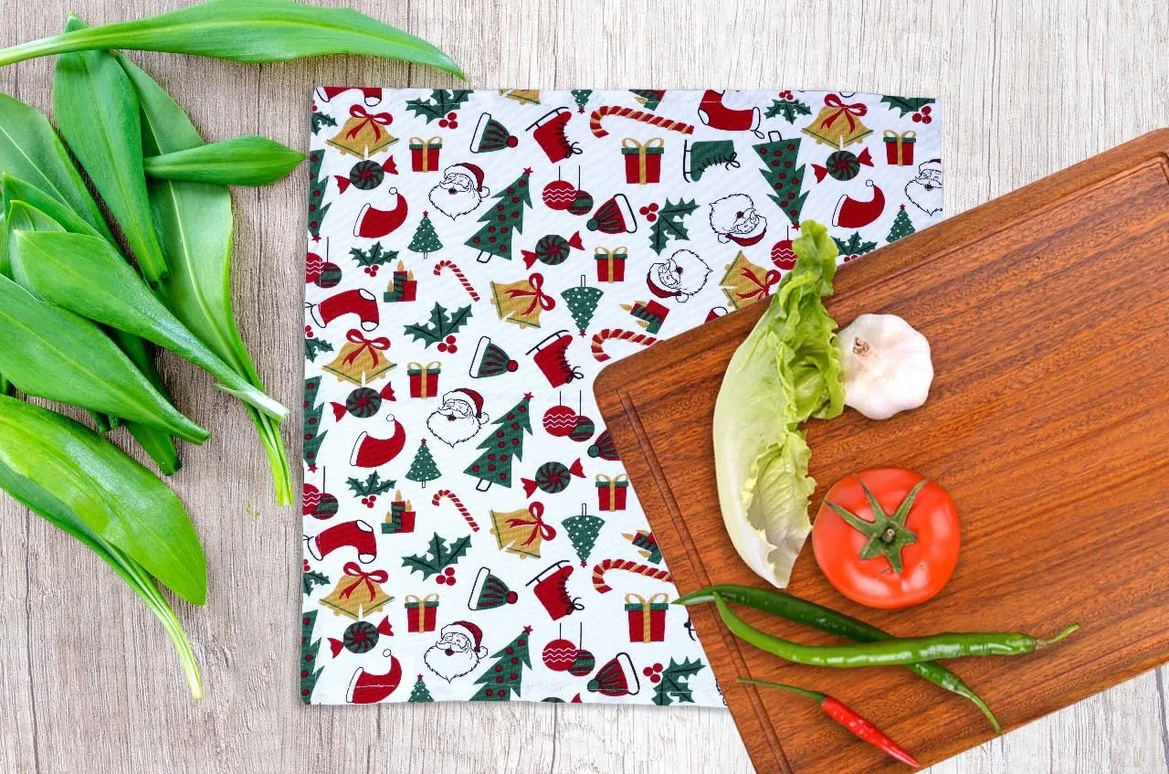 Urban Villa Christmas Kitchen Towels Christmas Print Set of 6 Dish Towels for Kitchen 100% Cotton Kitchen Towels Mitered Corners Over Sized 20X30 Inches Kitchen Towels Highly Absorbent Hand Tea Towels