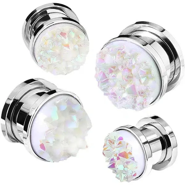 White Druzy Stone Surgical Steel Screw Fit Plugs