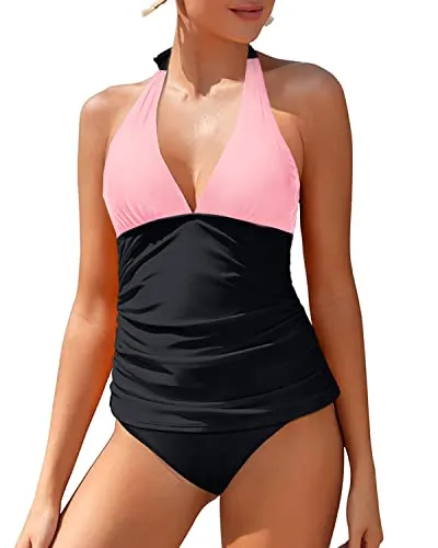 Women Adjustable Self Tie Shoulder Straps Two Piece Tankini Swimsuit-Pink And Black