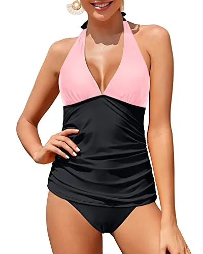 Women Adjustable Self Tie Shoulder Straps Two Piece Tankini Swimsuit-Pink And Black