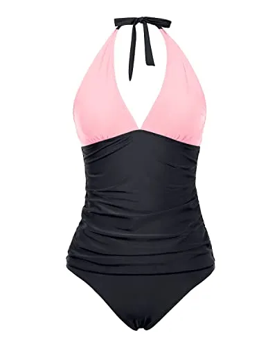 Women Adjustable Self Tie Shoulder Straps Two Piece Tankini Swimsuit-Pink And Black