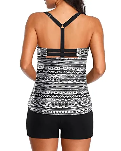 Womens Bathing Suits Tummy Control 2 Piece With Shorts Bottom-Black Tribal