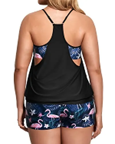 Women's Boyshorts Bottom Tankini Sets For Tummy Control-Black Flamingo