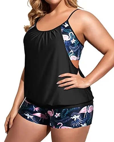 Women's Boyshorts Bottom Tankini Sets For Tummy Control-Black Flamingo