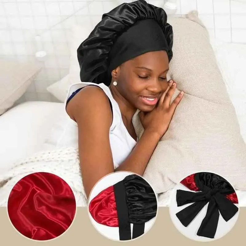 Women's Double Layered Silk Bonnet Hair Care Sleeping Hat with Elastic Tie Band"