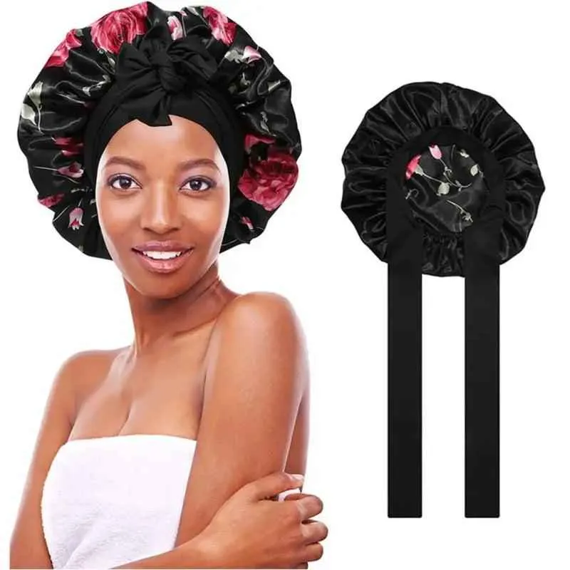 Women's Double Layered Silk Bonnet Hair Care Sleeping Hat with Elastic Tie Band"