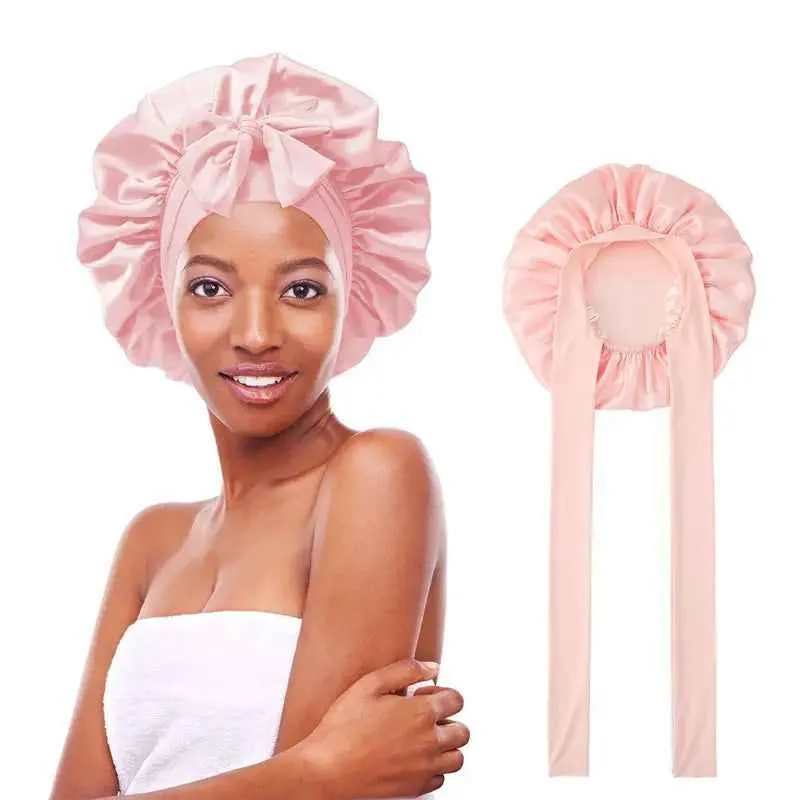 Women's Double Layered Silk Bonnet Hair Care Sleeping Hat with Elastic Tie Band"