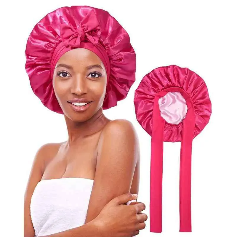 Women's Double Layered Silk Bonnet Hair Care Sleeping Hat with Elastic Tie Band"