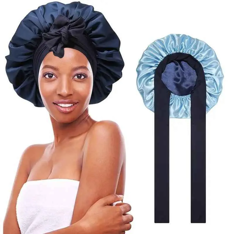 Women's Double Layered Silk Bonnet Hair Care Sleeping Hat with Elastic Tie Band"