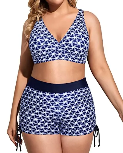 Womens Plus Size 3 Piece Bikini Sets With High Waisted Boy Shorts-Navy Blue Tribal