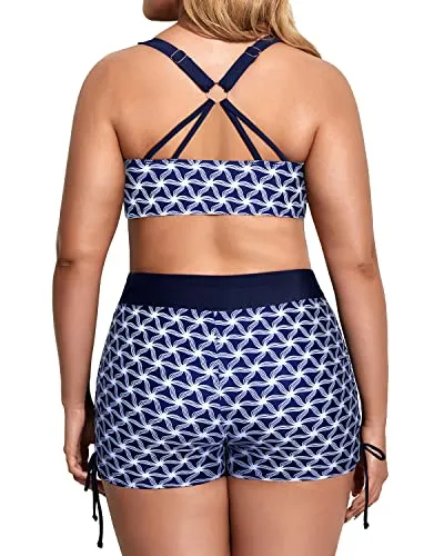 Womens Plus Size 3 Piece Bikini Sets With High Waisted Boy Shorts-Navy Blue Tribal