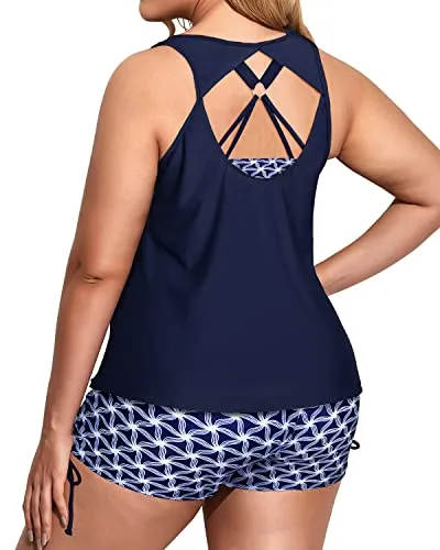 Womens Plus Size 3 Piece Bikini Sets With High Waisted Boy Shorts-Navy Blue Tribal