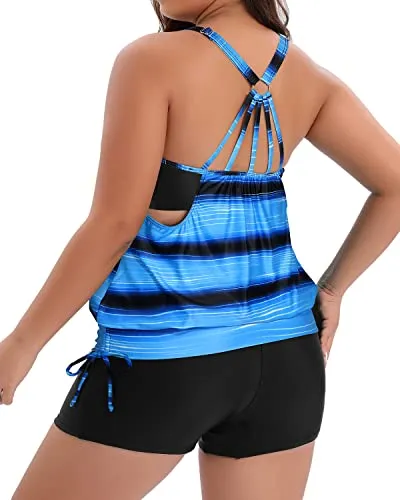 Women's Plus Size Double Up Tankini With Swim Boy Shorts Bathing Suit-Blue And Black Stripe