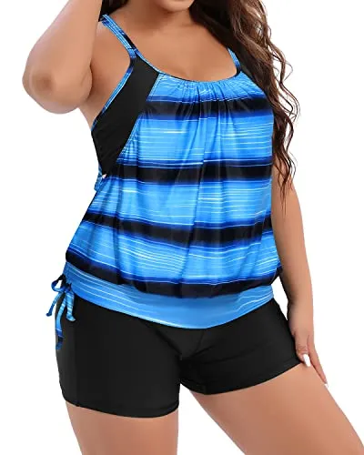 Women's Plus Size Double Up Tankini With Swim Boy Shorts Bathing Suit-Blue And Black Stripe