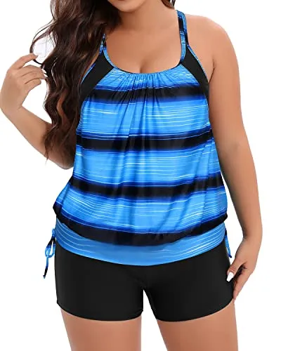 Women's Plus Size Double Up Tankini With Swim Boy Shorts Bathing Suit-Blue And Black Stripe