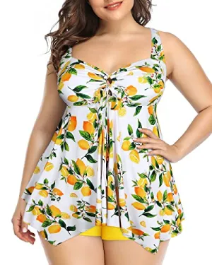 Women's Plus Size Tummy Control Tankini Bathing Suits-Lemon