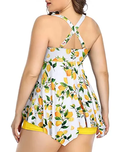 Women's Plus Size Tummy Control Tankini Bathing Suits-Lemon